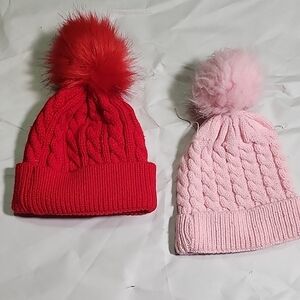 Kids' Red and Pink Knit Pom-Pom Beanies Bundle
